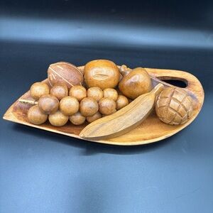 Vintage Mid Century Modern Fruit Leaf Dish Bowl Wood Monkey‎ Pod MCM 7 Pieces